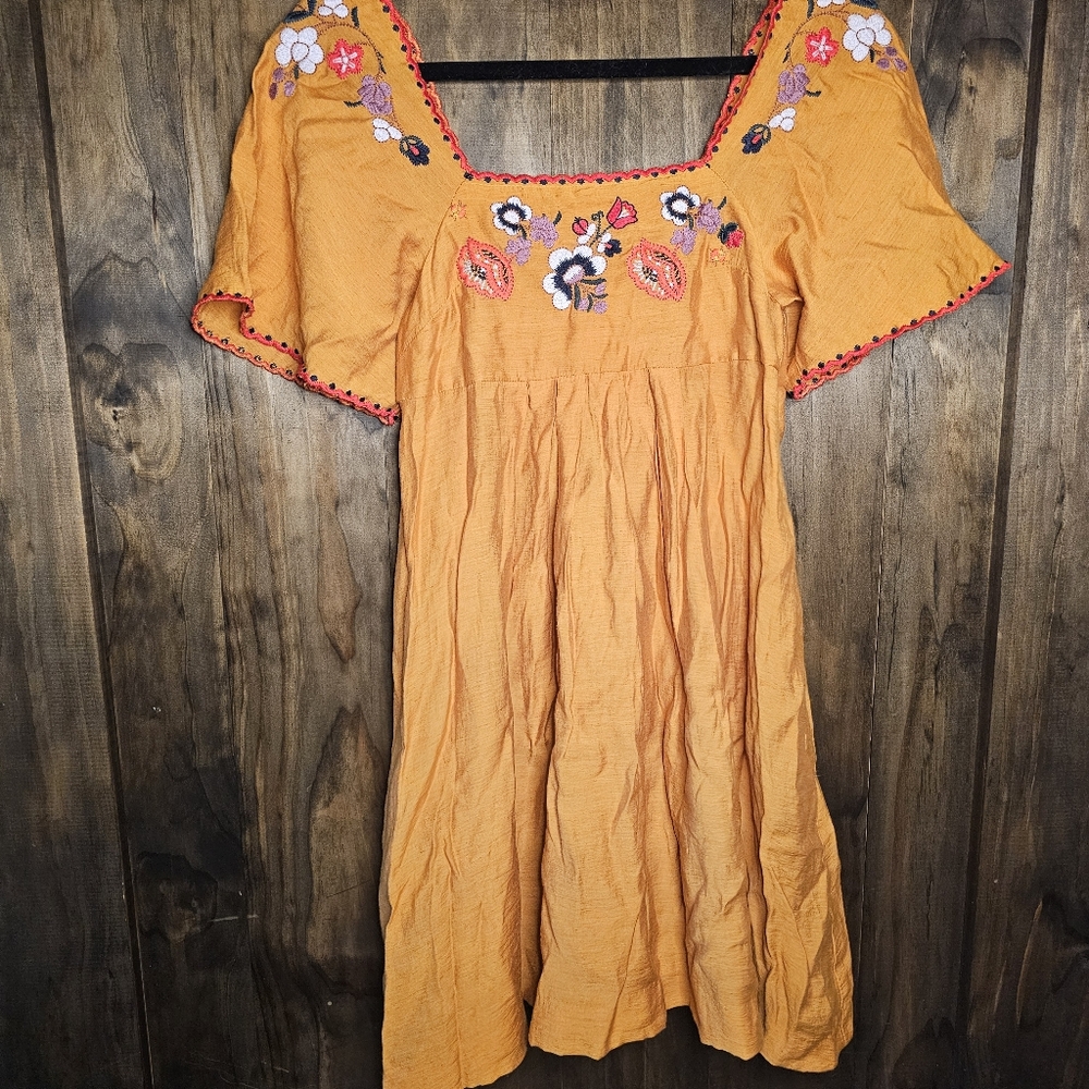 Madewell Mini Dress Embroidered Flowers Mustard Yellow Size X-small